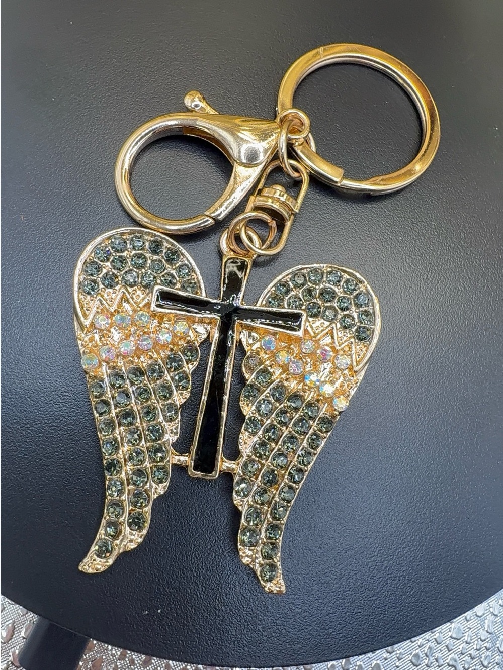 Gold Angel Wings Keychain with Black Cross Charm by